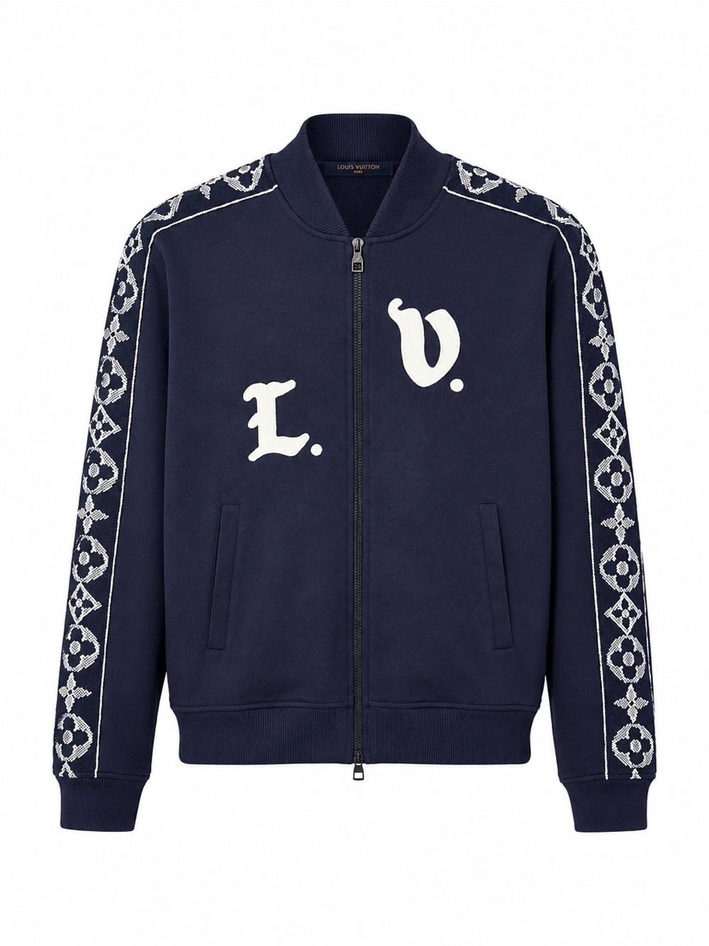 Louis Vuitton Navy Bomber Jacket with White Logo and Monogram Trim